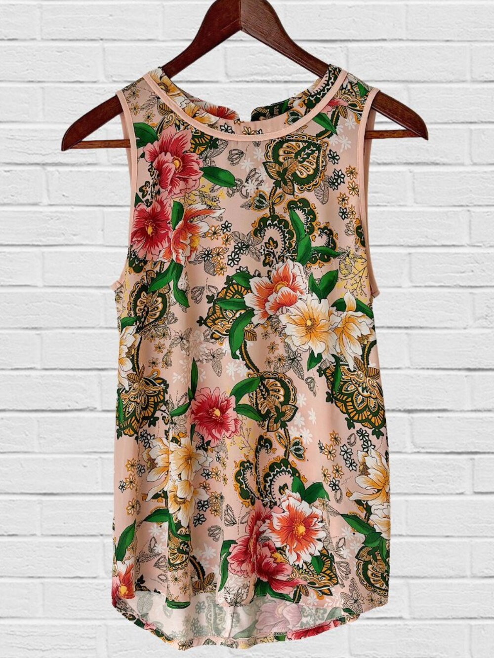 blush pink and green flowered sleeveless top